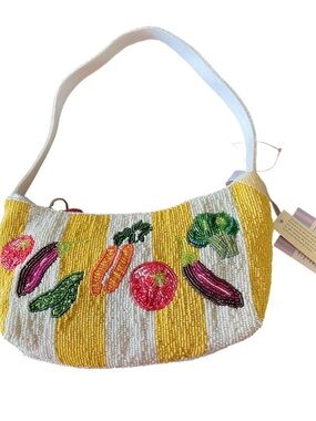 Handcrafted in India Handbeaded Vegetable Bag Yellow & White Striped Strawberry